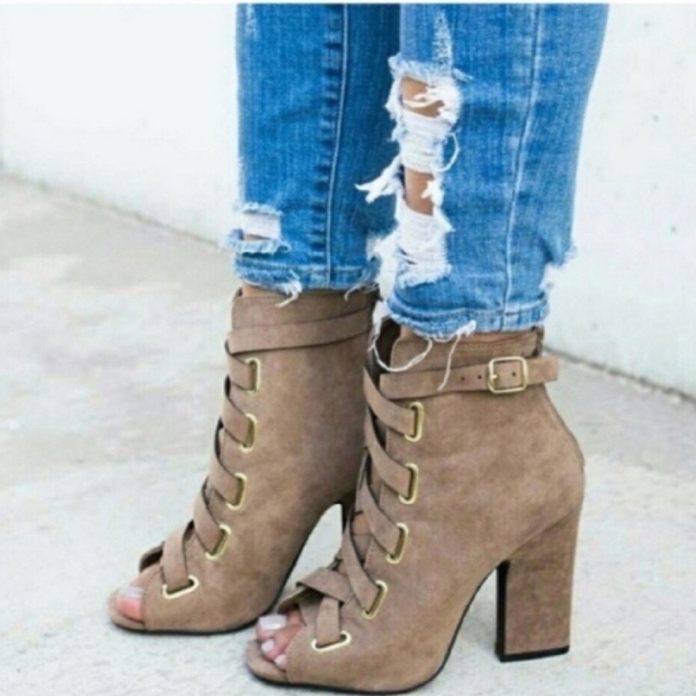 SALE IRIS Tan Peep toe Booties - Picture 2 of 2